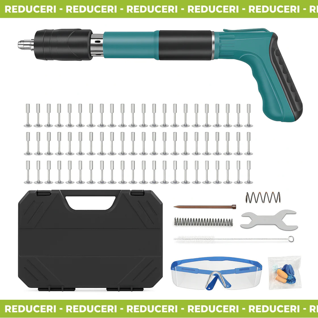 Set Profesional Pistol Manual Fixare Perete + 50 Cuie & Accesorii