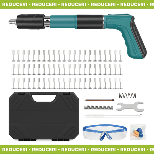 Set Profesional Pistol Manual Fixare Perete + 50 Cuie & Accesorii
